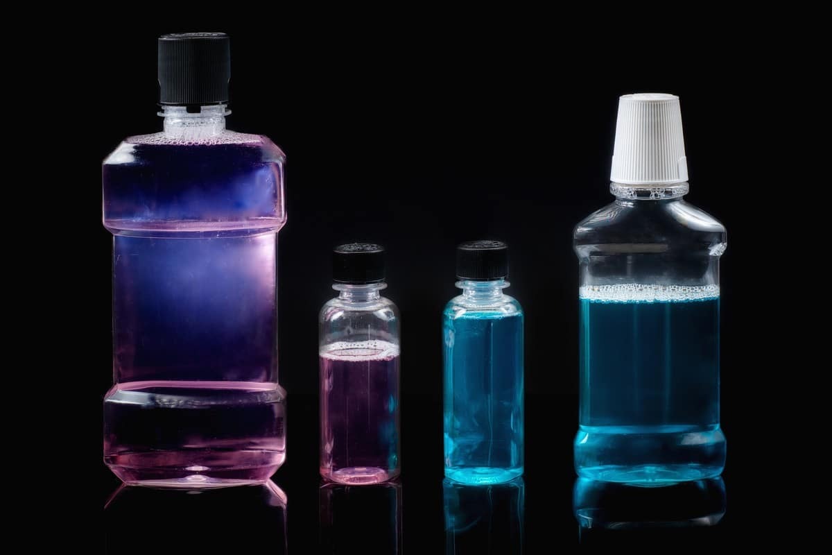 Colorful mouthwash bottles in purple and blue displaying dental rinse products for oral hygiene.